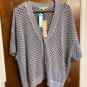 Light Gray/Blue Open-Knit V-Neck Short Sleeve Cardigan
